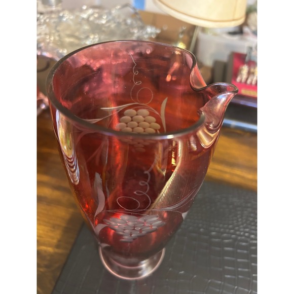Antique Cranberry Etched Glass Pitcher - Picture 2 of 5